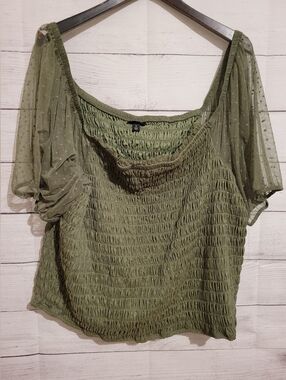Torrid Women Plus Sz 5X Green Dot Mesh Square Neck Smocked Crop Top Puff Sleeve